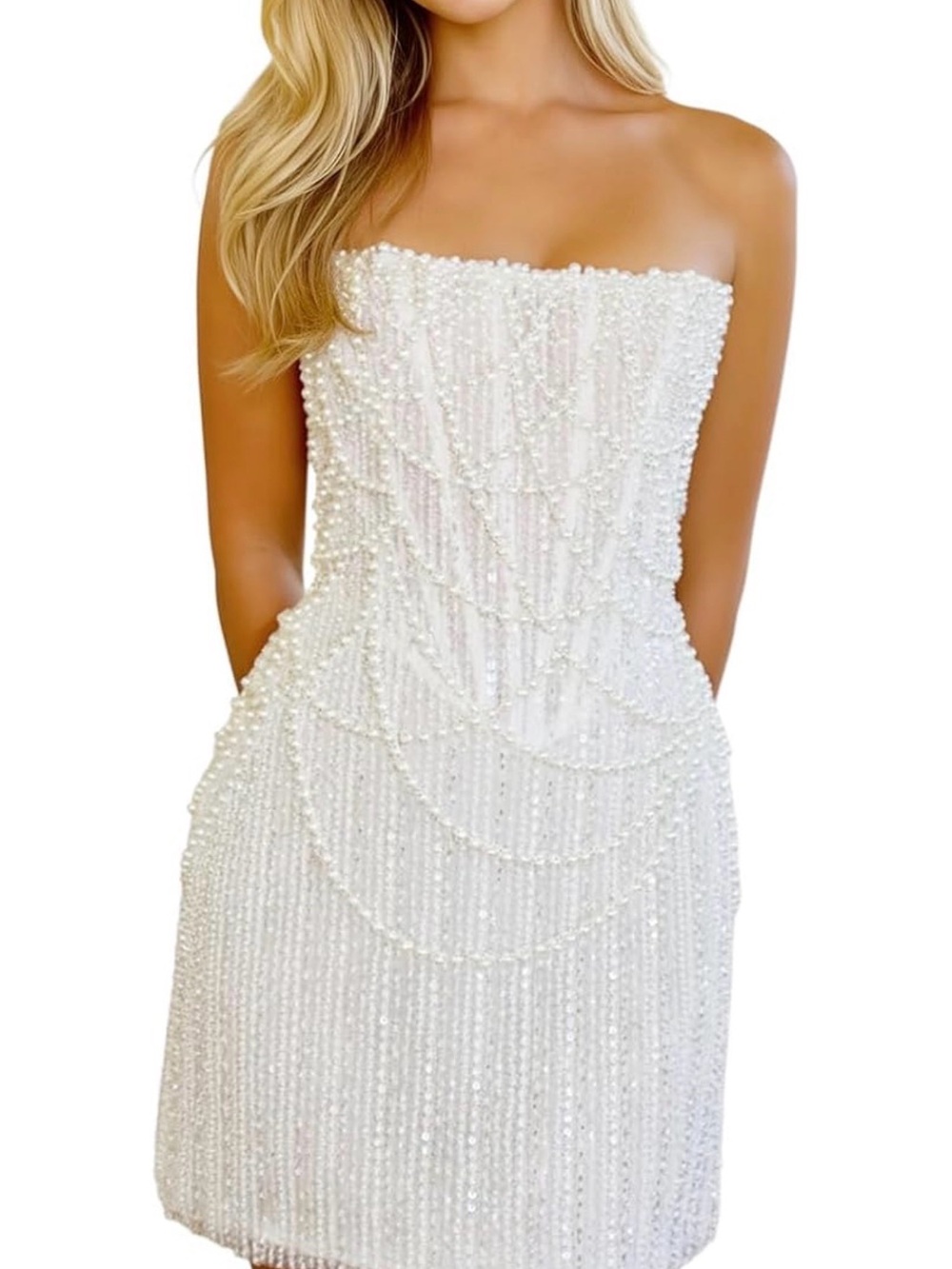 Lxhome Pearl and Sequin Strapless White Cocktail Dress